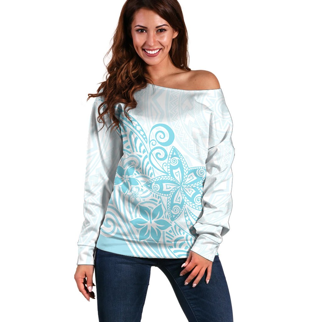 Polynesia Off Shoulder Sweater Plumeria Turquoise Curves - Wonder Print Shop