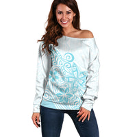 Polynesia Off Shoulder Sweater Plumeria Turquoise Curves - Wonder Print Shop