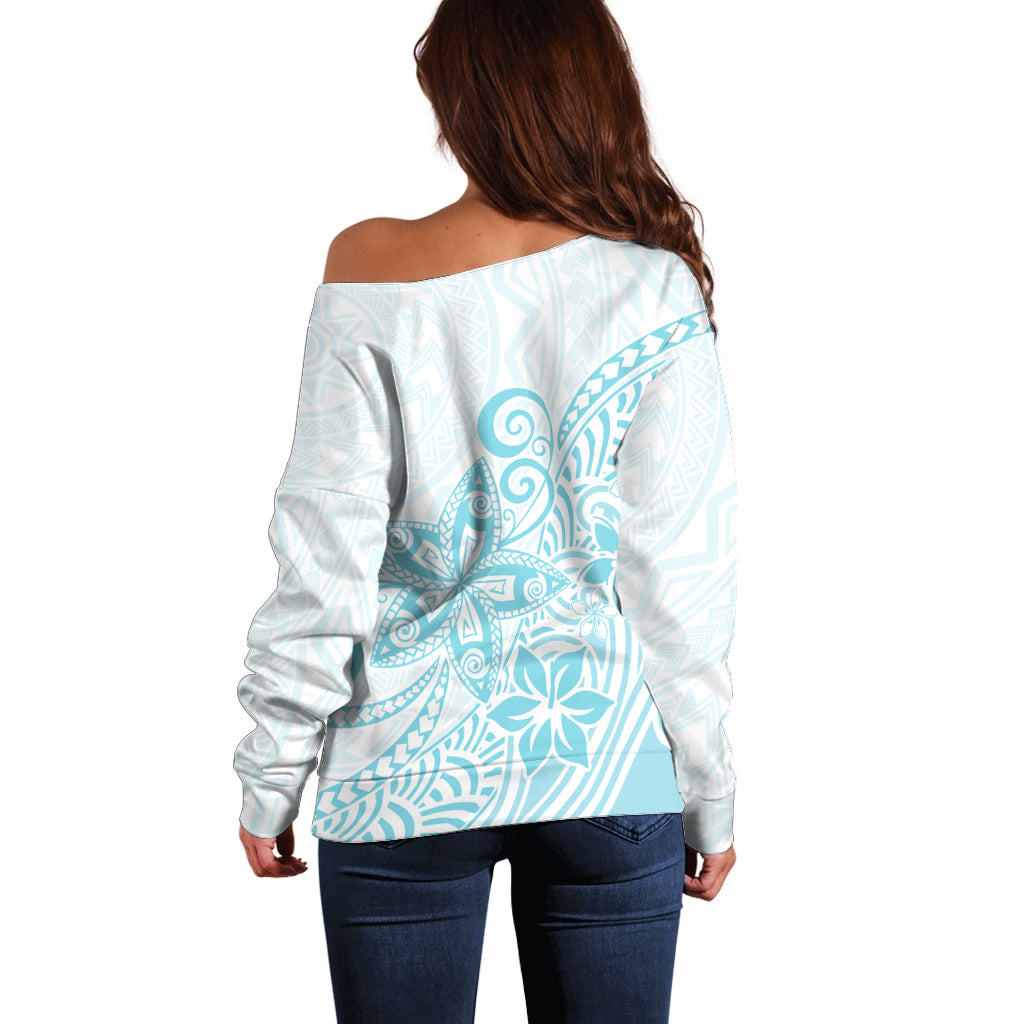 Polynesia Off Shoulder Sweater Plumeria Turquoise Curves - Wonder Print Shop