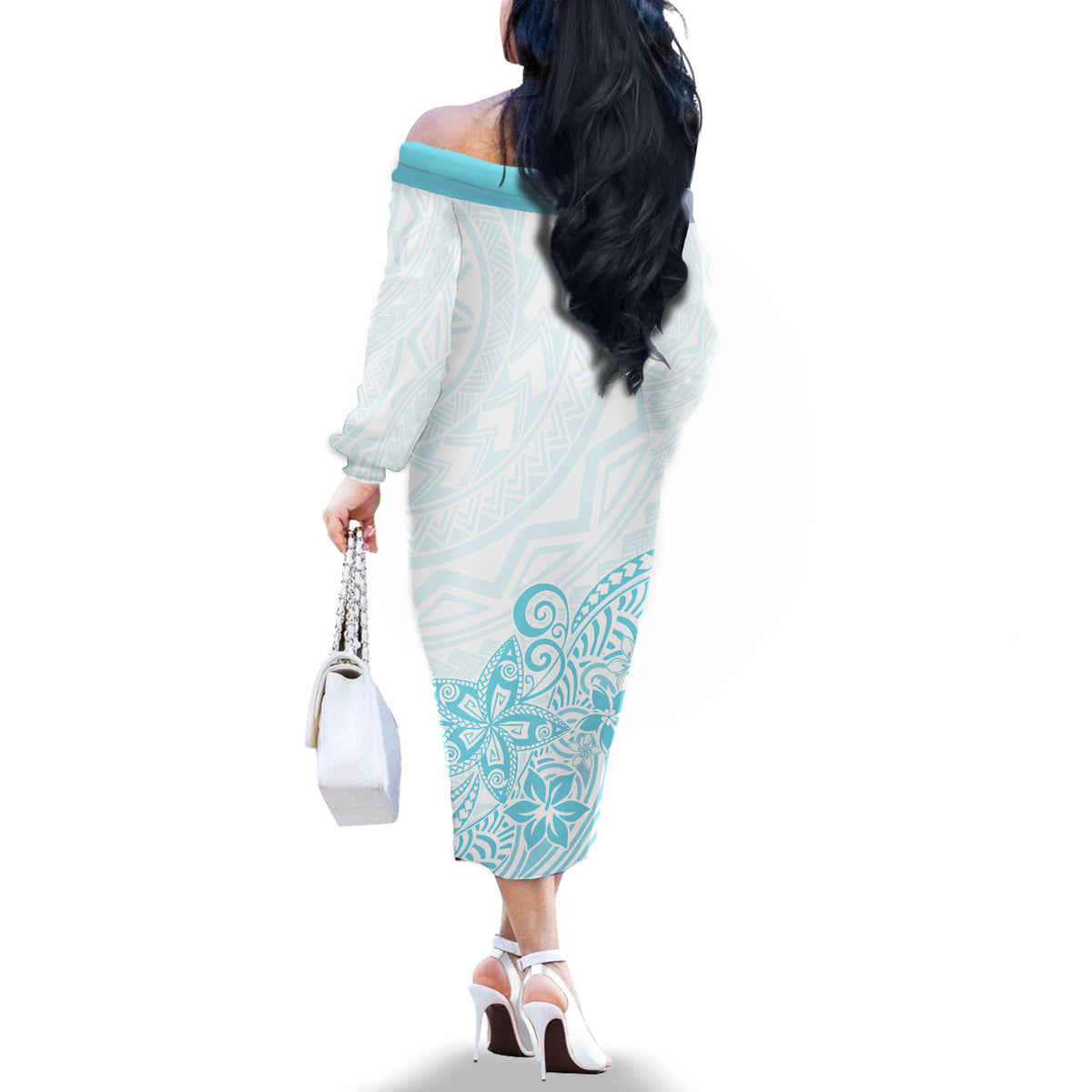Polynesia Off The Shoulder Long Sleeve Dress Plumeria Turquoise Curves - Wonder Print Shop