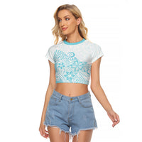 Polynesia Raglan Cropped T Shirt Plumeria Turquoise Curves - Wonder Print Shop