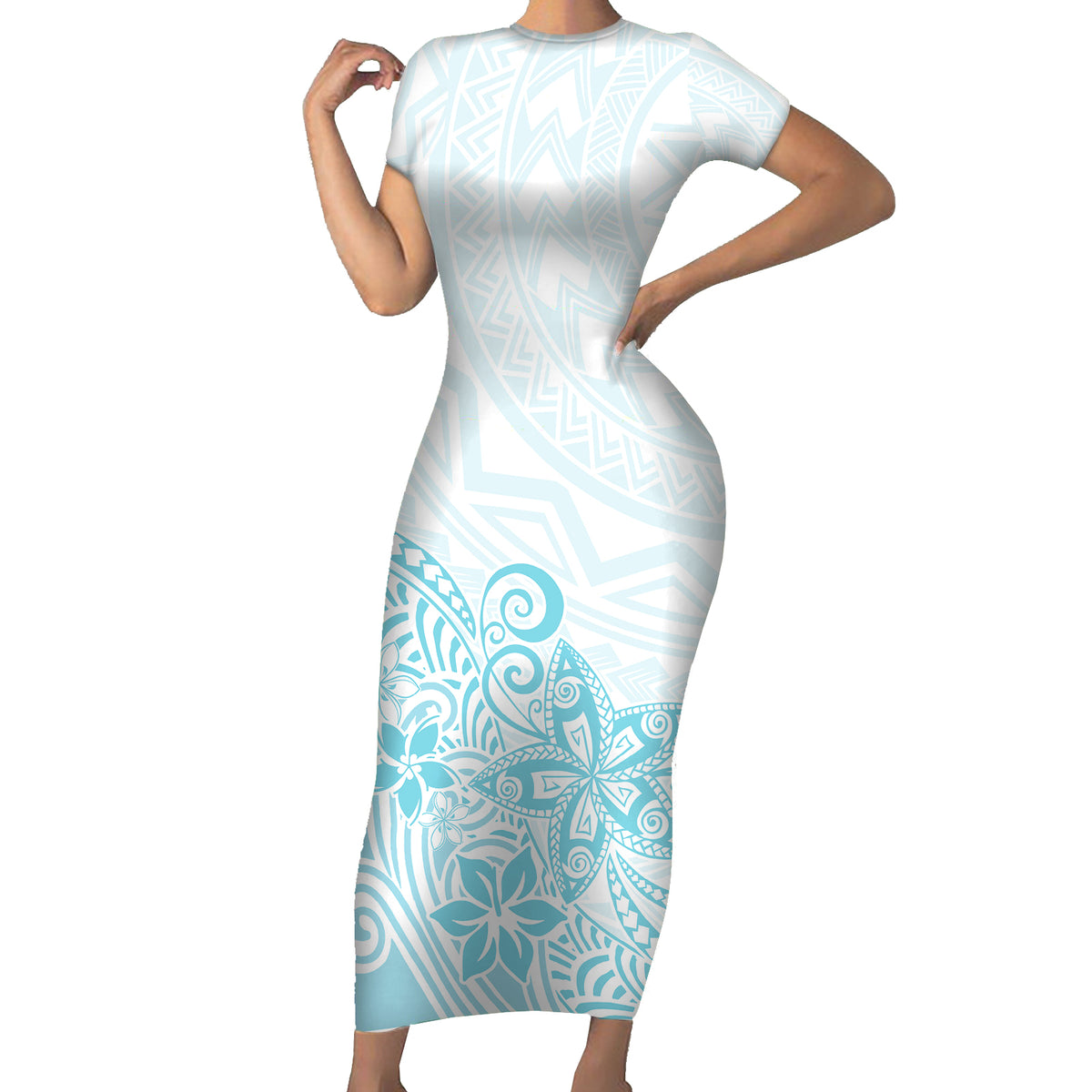 Polynesia Short Sleeve Bodycon Dress Plumeria Turquoise Curves - Wonder Print Shop