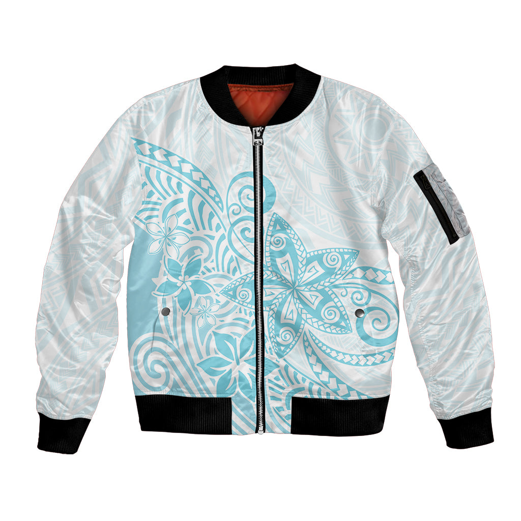 Polynesia Sleeve Zip Bomber Jacket Plumeria Turquoise Curves - Wonder Print Shop