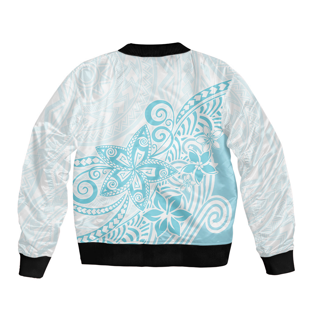 Polynesia Sleeve Zip Bomber Jacket Plumeria Turquoise Curves - Wonder Print Shop