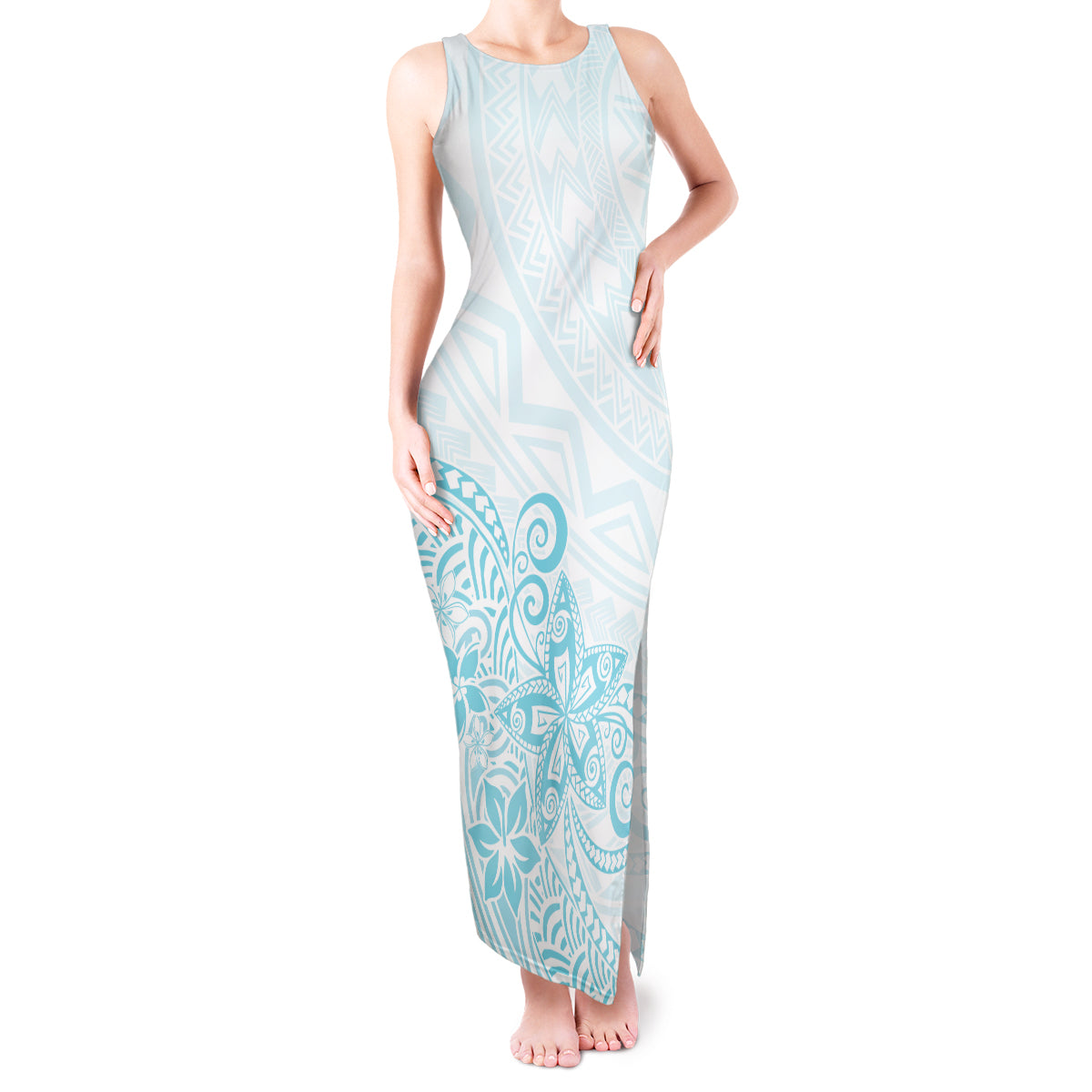 Polynesia Tank Maxi Dress Plumeria Turquoise Curves - Wonder Print Shop
