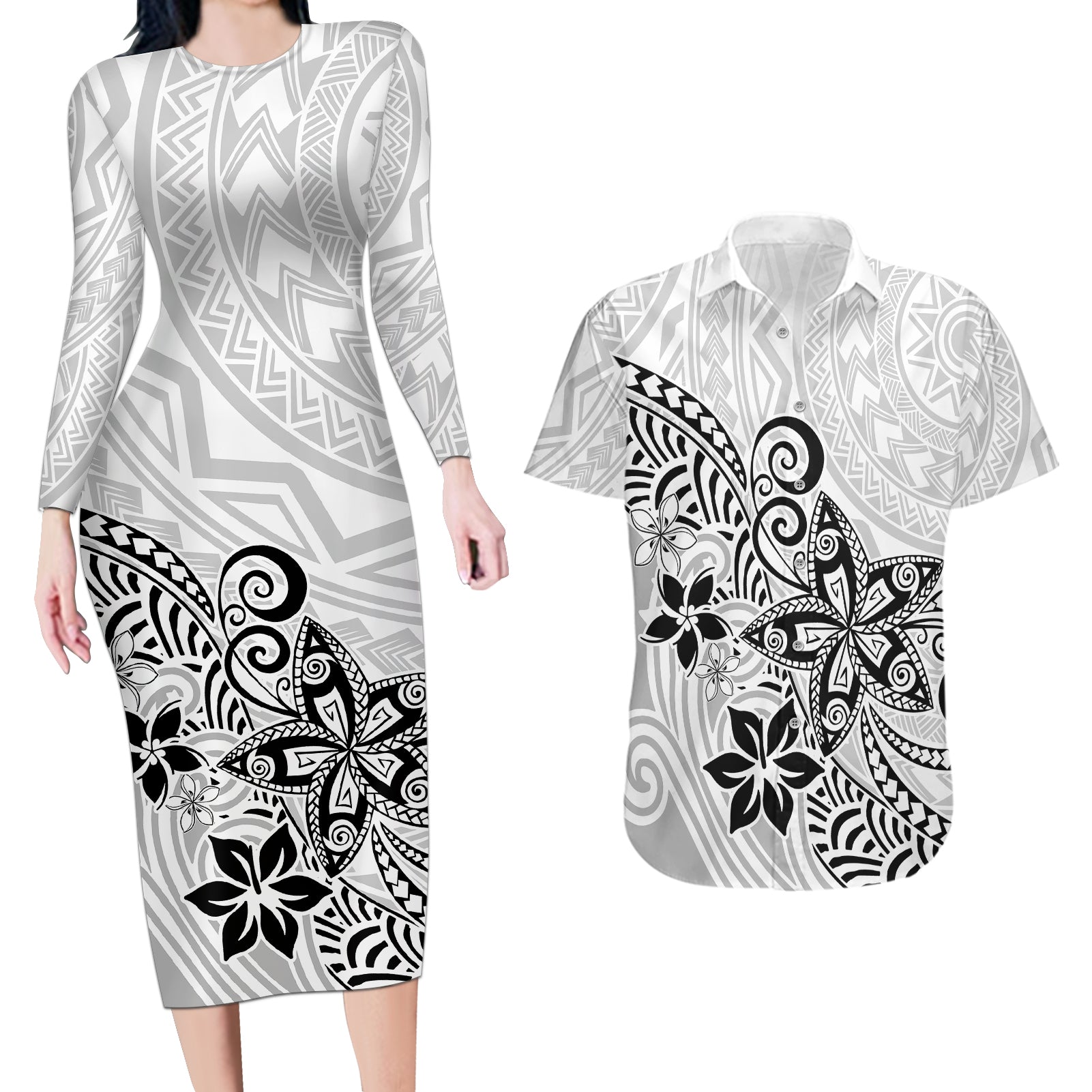 Polynesia Couples Matching Long Sleeve Bodycon Dress and Hawaiian Shirt Plumeria White Curves LT7 - Wonder Print Shop