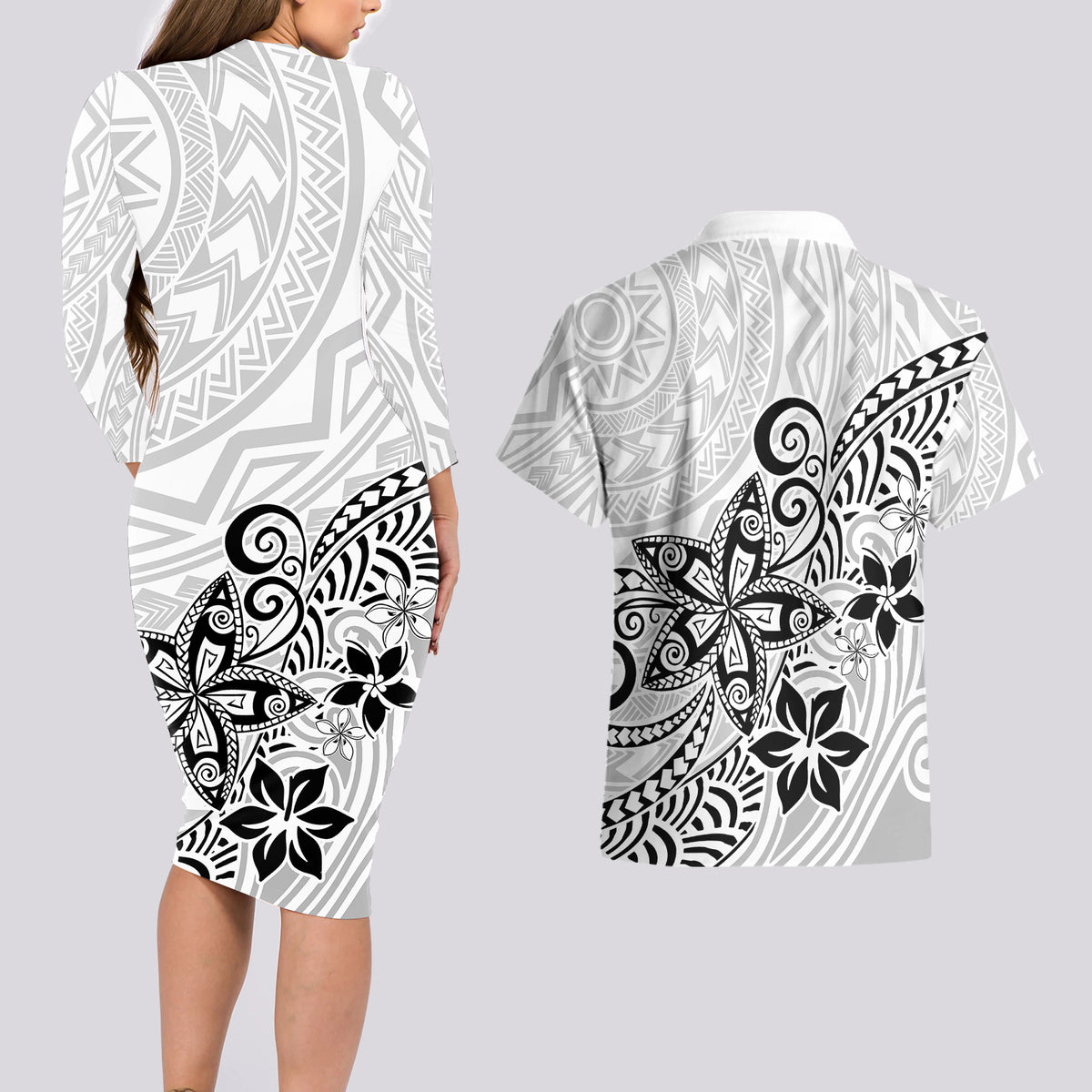 Polynesia Couples Matching Long Sleeve Bodycon Dress and Hawaiian Shirt Plumeria White Curves LT7 - Wonder Print Shop