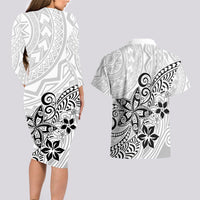 Polynesia Couples Matching Long Sleeve Bodycon Dress and Hawaiian Shirt Plumeria White Curves LT7 - Wonder Print Shop