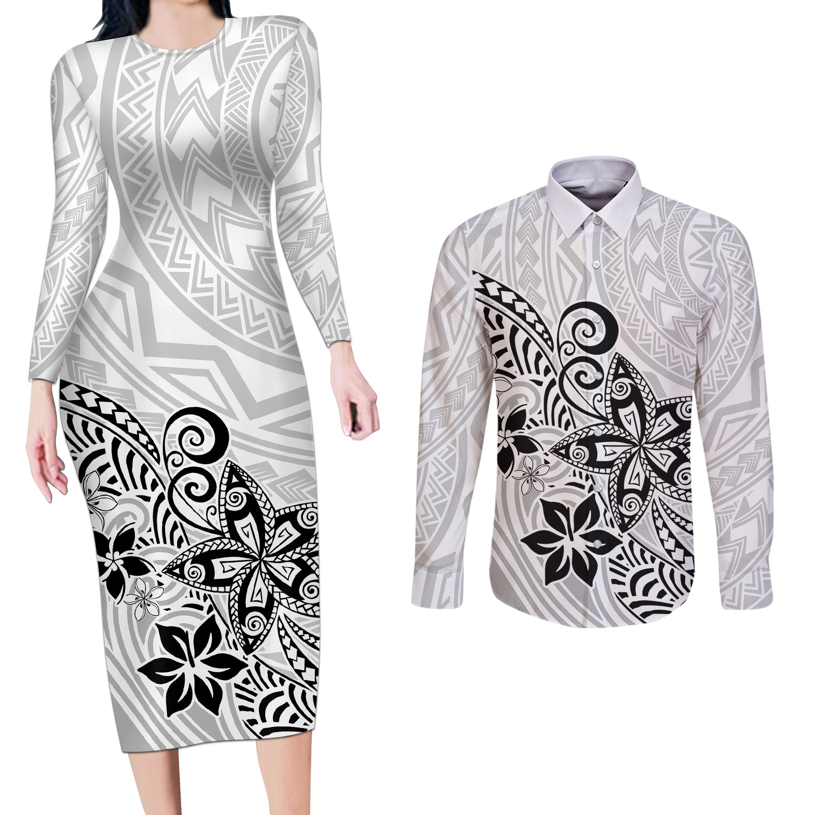 Polynesia Couples Matching Long Sleeve Bodycon Dress and Long Sleeve Button Shirts Plumeria White Curves LT7 - Wonder Print Shop