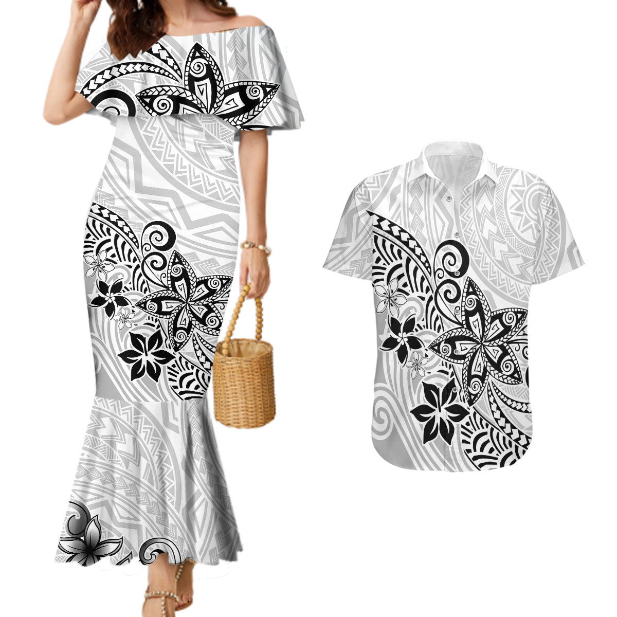 Polynesia Couples Matching Mermaid Dress and Hawaiian Shirt Plumeria White Curves LT7 - Wonder Print Shop