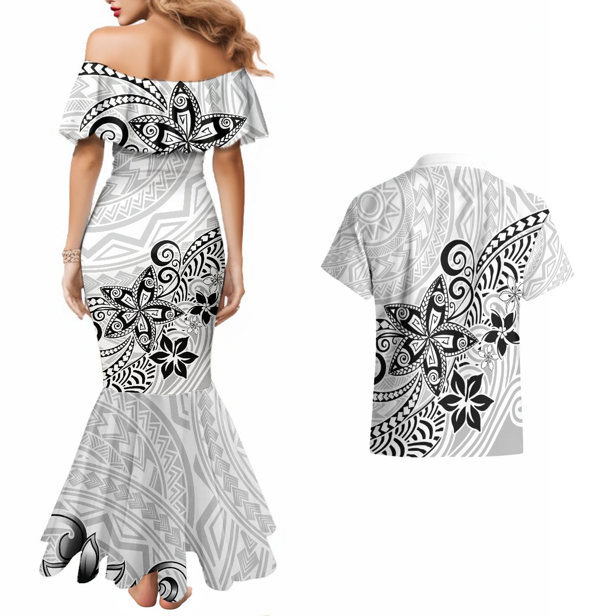 Polynesia Couples Matching Mermaid Dress and Hawaiian Shirt Plumeria White Curves LT7 - Wonder Print Shop