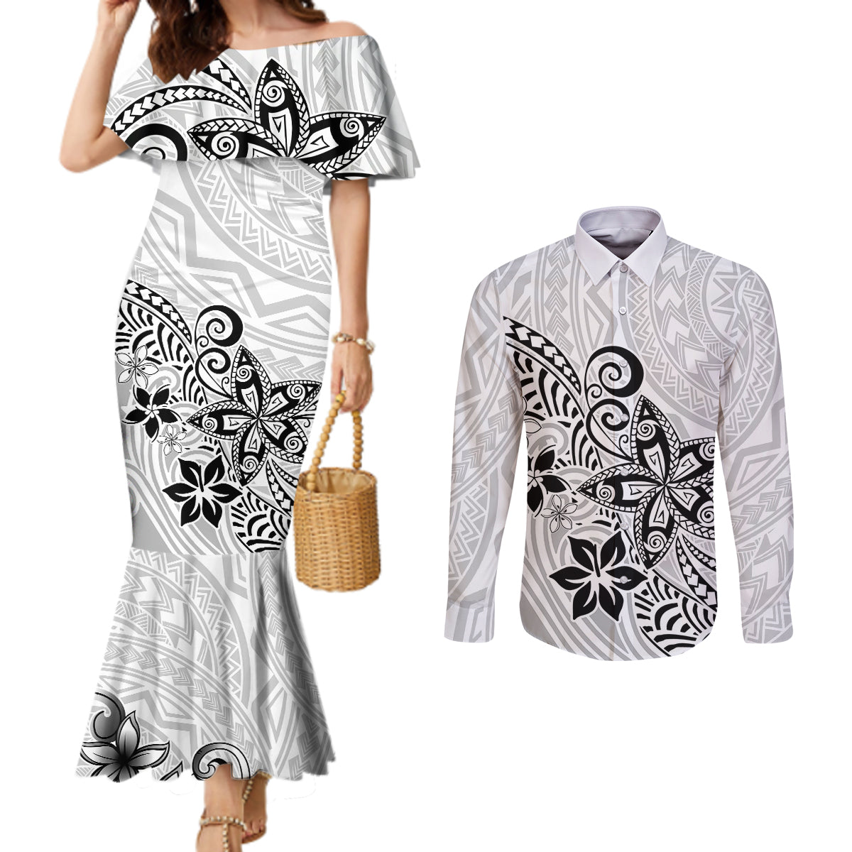 polynesia-couples-matching-mermaid-dress-and-long-sleeve-button-shirts-plumeria-white-curves