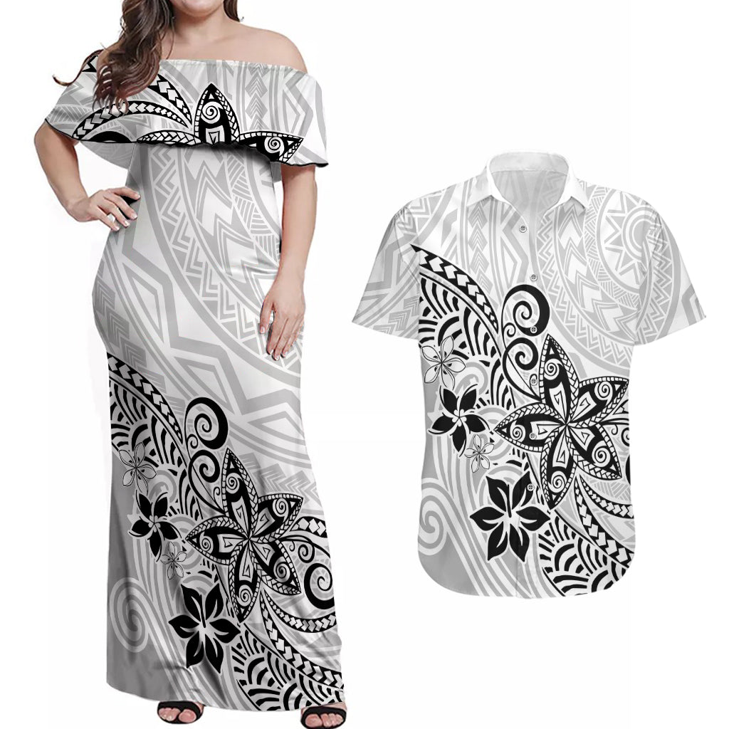 Polynesia Couples Matching Off Shoulder Maxi Dress and Hawaiian Shirt Plumeria White Curves LT7 - Wonder Print Shop