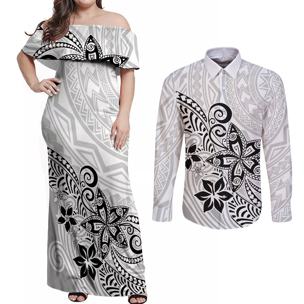 Polynesia Couples Matching Off Shoulder Maxi Dress and Long Sleeve Button Shirts Plumeria White Curves LT7 - Wonder Print Shop