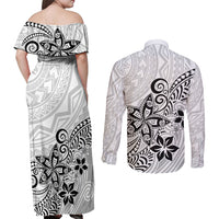 Polynesia Couples Matching Off Shoulder Maxi Dress and Long Sleeve Button Shirts Plumeria White Curves LT7 - Wonder Print Shop