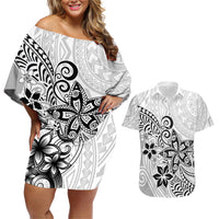 Polynesia Couples Matching Off Shoulder Short Dress and Hawaiian Shirt Plumeria White Curves LT7 - Wonder Print Shop
