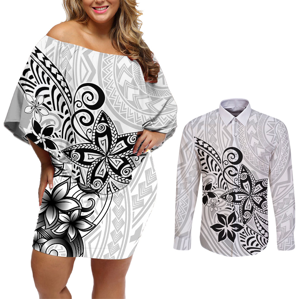 Polynesia Couples Matching Off Shoulder Short Dress and Long Sleeve Button Shirts Plumeria White Curves LT7 - Wonder Print Shop