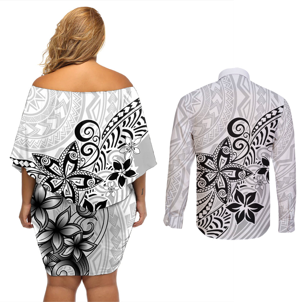 Polynesia Couples Matching Off Shoulder Short Dress and Long Sleeve Button Shirts Plumeria White Curves LT7 - Wonder Print Shop
