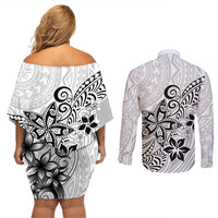 Polynesia Couples Matching Off Shoulder Short Dress and Long Sleeve Button Shirts Plumeria White Curves LT7 - Wonder Print Shop