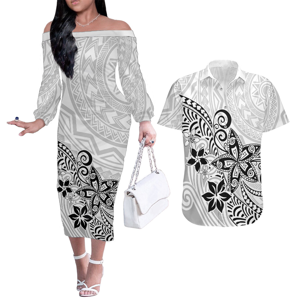 Polynesia Couples Matching Off The Shoulder Long Sleeve Dress and Hawaiian Shirt Plumeria White Curves LT7 - Wonder Print Shop