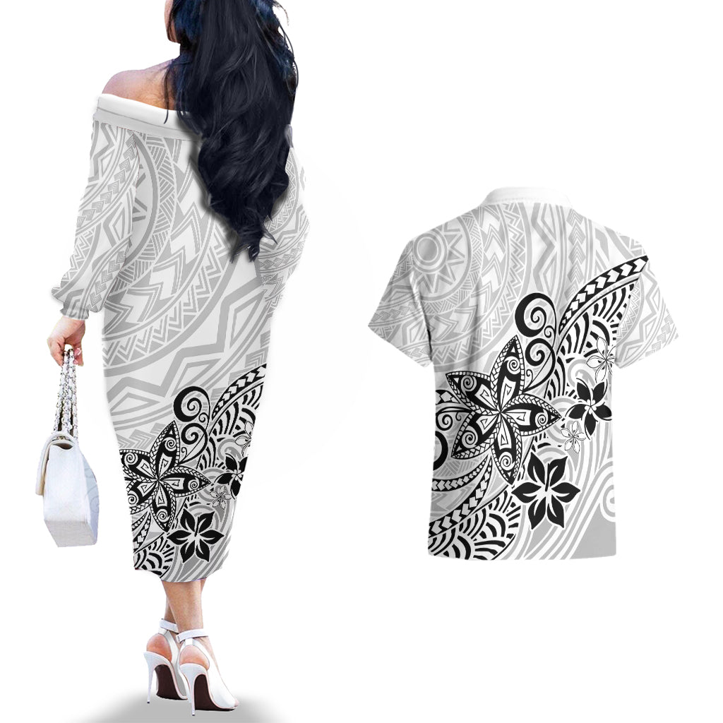Polynesia Couples Matching Off The Shoulder Long Sleeve Dress and Hawaiian Shirt Plumeria White Curves LT7 - Wonder Print Shop