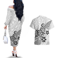 Polynesia Couples Matching Off The Shoulder Long Sleeve Dress and Hawaiian Shirt Plumeria White Curves LT7 - Wonder Print Shop