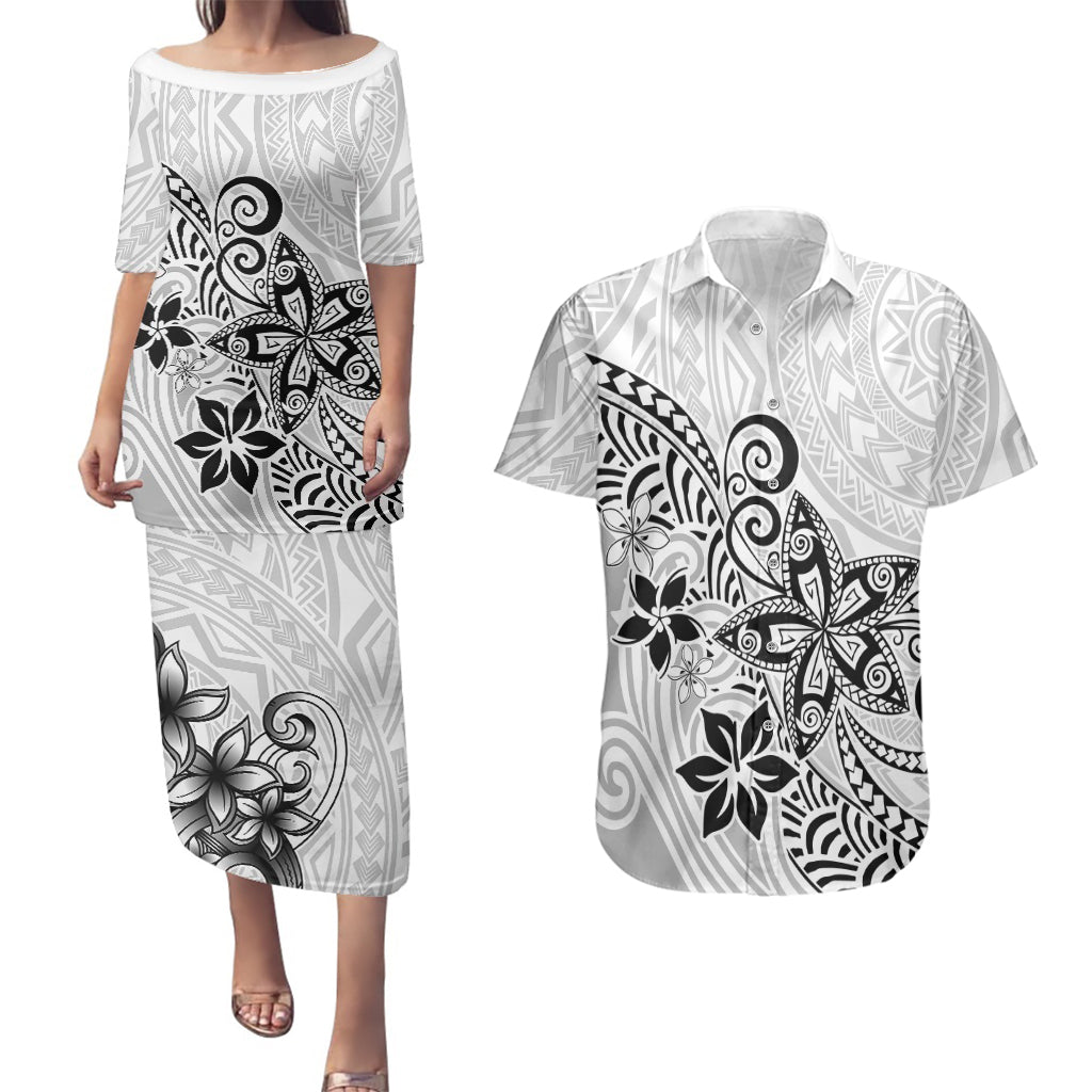 Polynesia Couples Matching Puletasi Dress and Hawaiian Shirt Plumeria White Curves LT7 - Wonder Print Shop