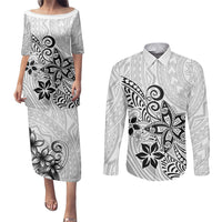 Polynesia Couples Matching Puletasi Dress and Long Sleeve Button Shirts Plumeria White Curves LT7 - Wonder Print Shop