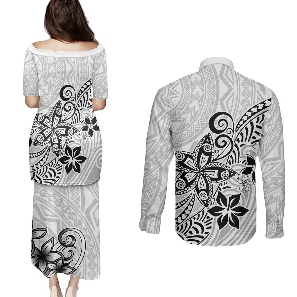 Polynesia Couples Matching Puletasi Dress and Long Sleeve Button Shirts Plumeria White Curves LT7 - Wonder Print Shop