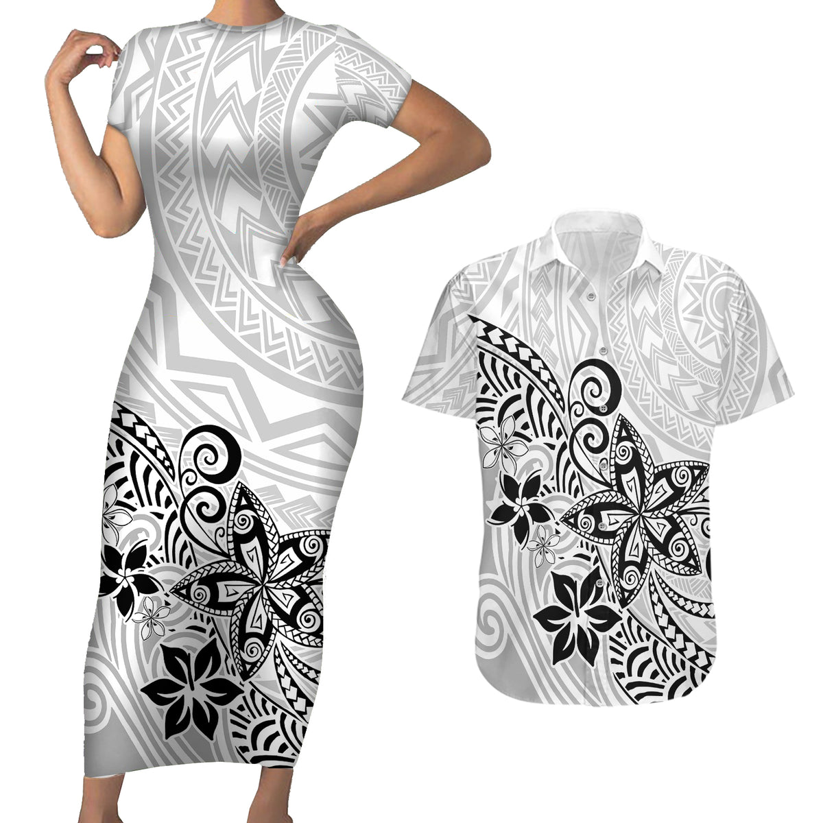 Polynesia Couples Matching Short Sleeve Bodycon Dress and Hawaiian Shirt Plumeria White Curves LT7 - Wonder Print Shop
