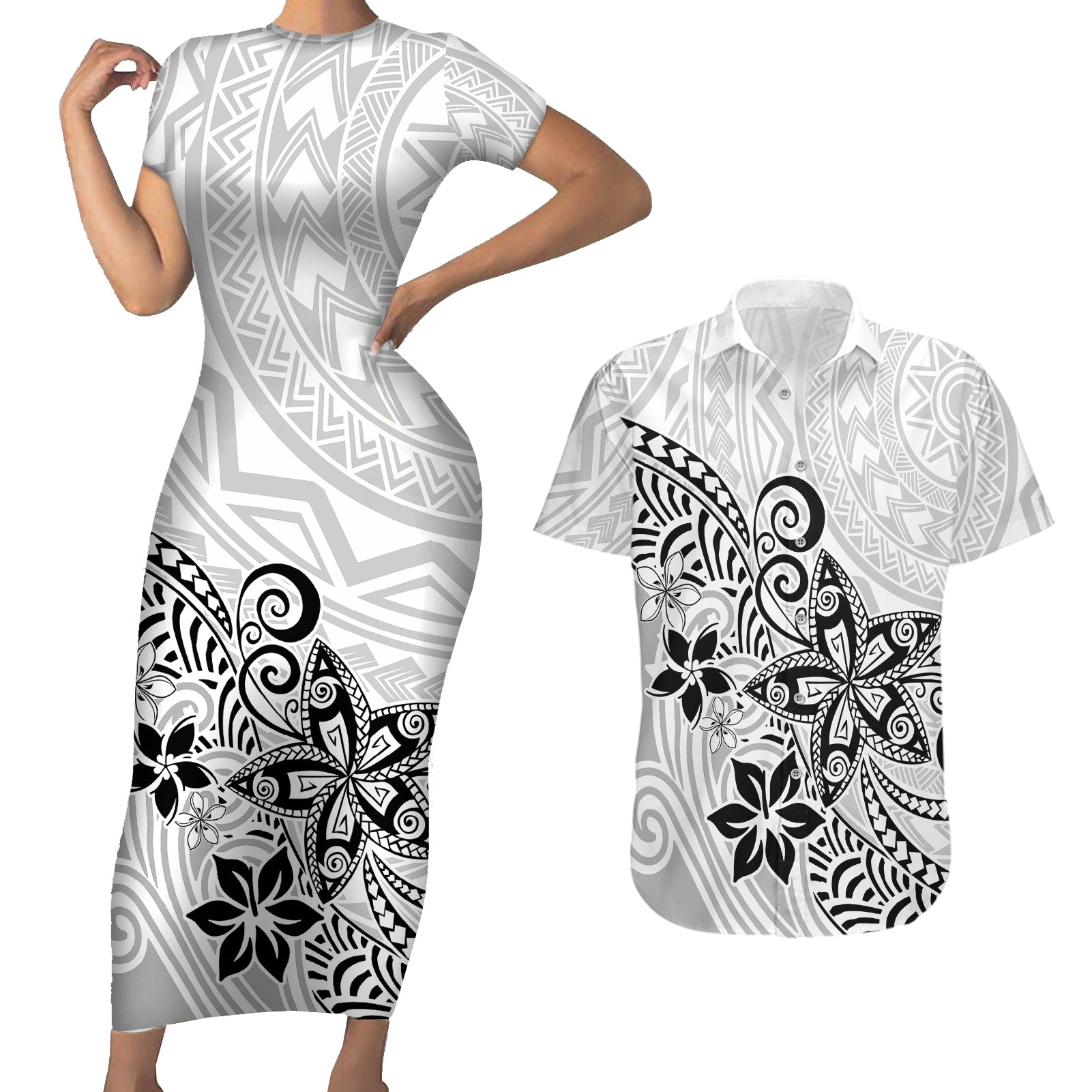 Polynesia Couples Matching Short Sleeve Bodycon Dress and Hawaiian Shirt Plumeria White Curves LT7 - Wonder Print Shop