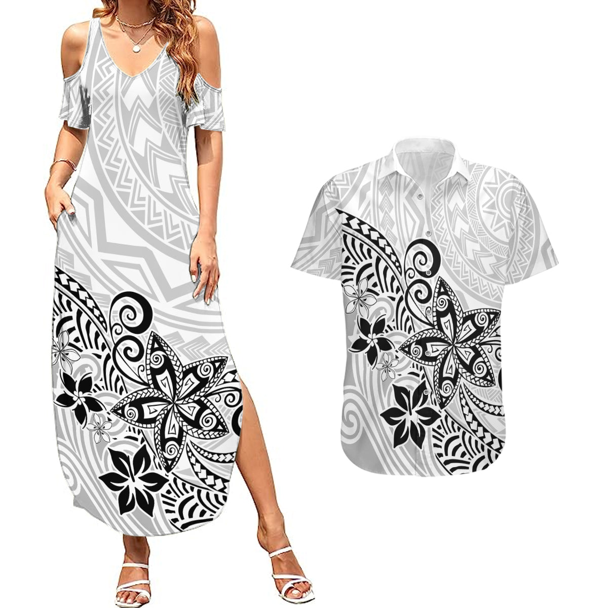 Polynesia Couples Matching Summer Maxi Dress and Hawaiian Shirt Plumeria White Curves LT7 - Wonder Print Shop