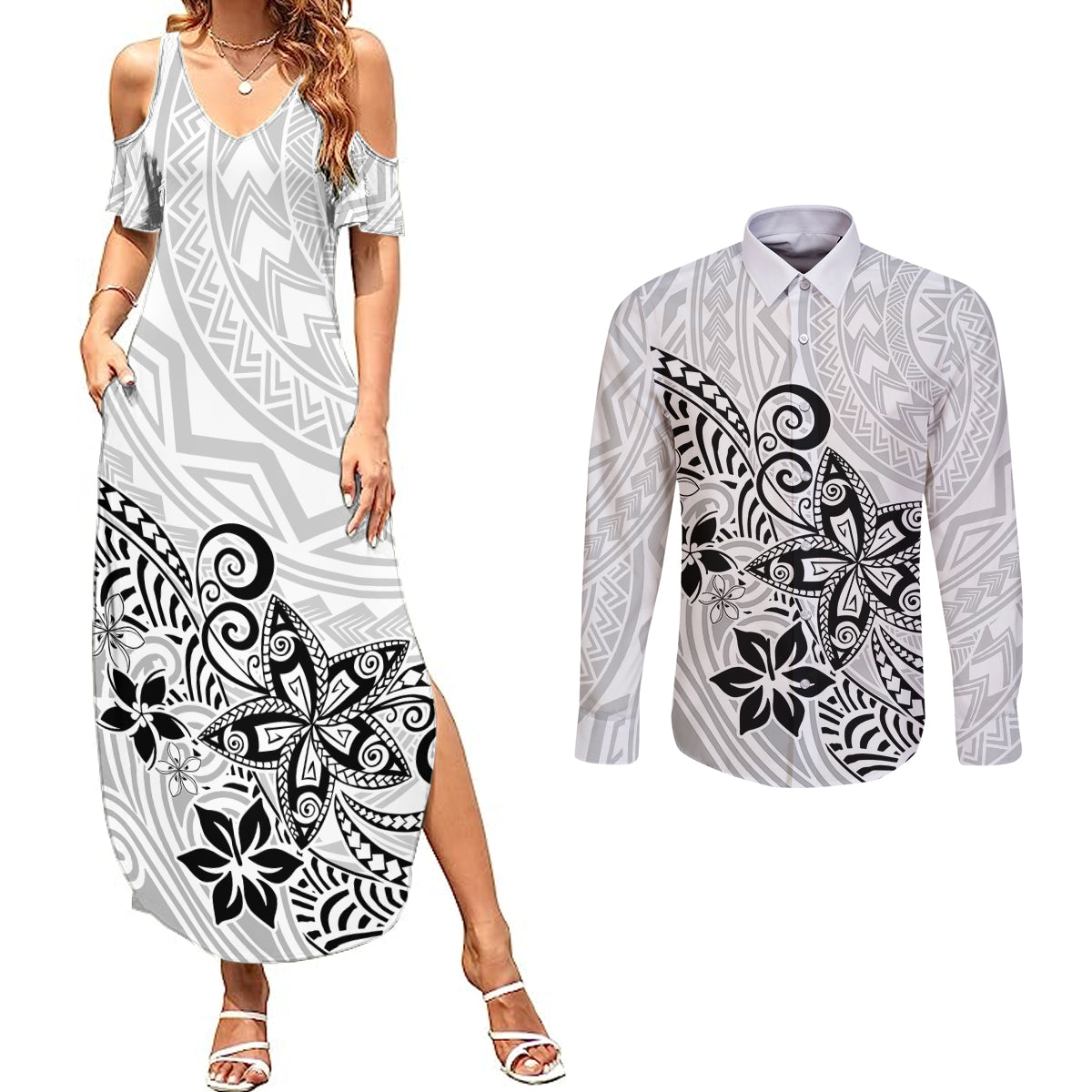 Polynesia Couples Matching Summer Maxi Dress and Long Sleeve Button Shirts Plumeria White Curves LT7 - Wonder Print Shop