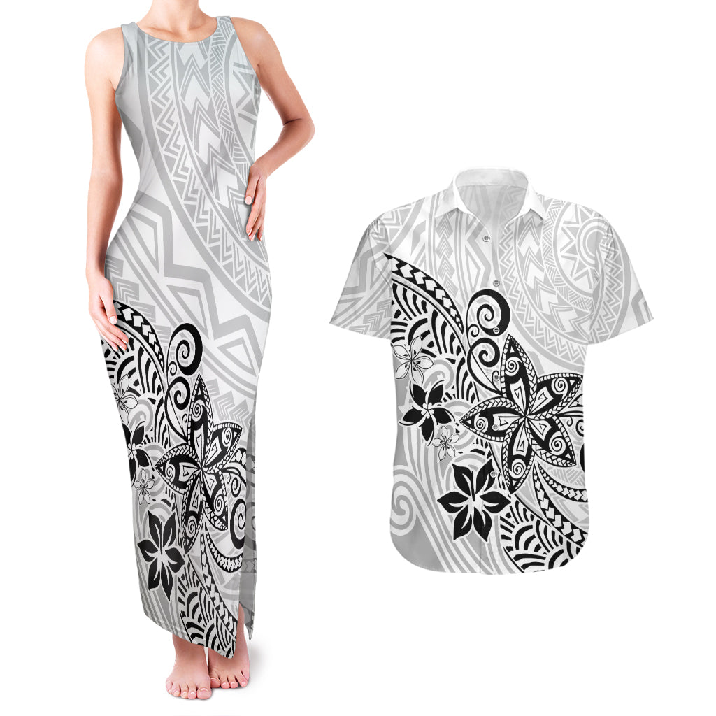 Polynesia Couples Matching Tank Maxi Dress and Hawaiian Shirt Plumeria White Curves LT7 - Wonder Print Shop