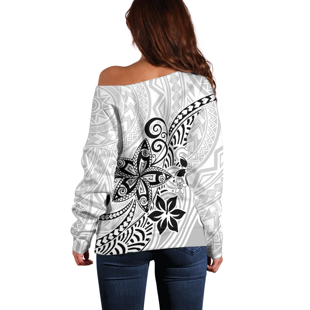Polynesia Off Shoulder Sweater Plumeria White Curves - Wonder Print Shop