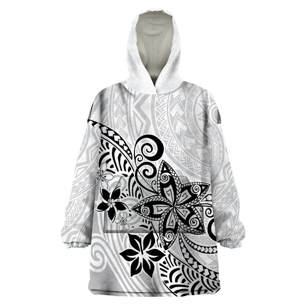 Polynesia Wearable Blanket Hoodie Plumeria White Curves - Wonder Print Shop