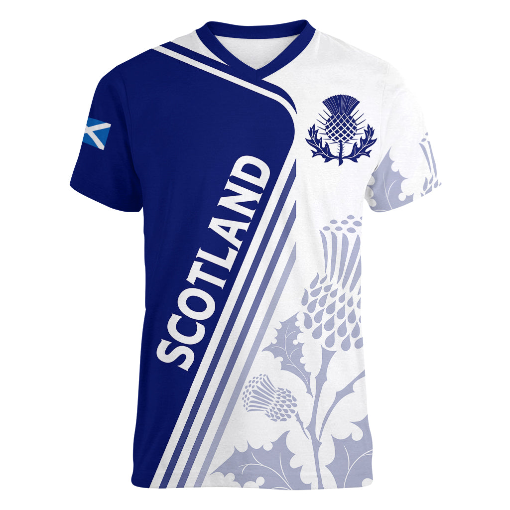 Personalised Scotland Rugby Women V Neck T Shirt 2023 World Cup The Thistle - Wonder Print Shop