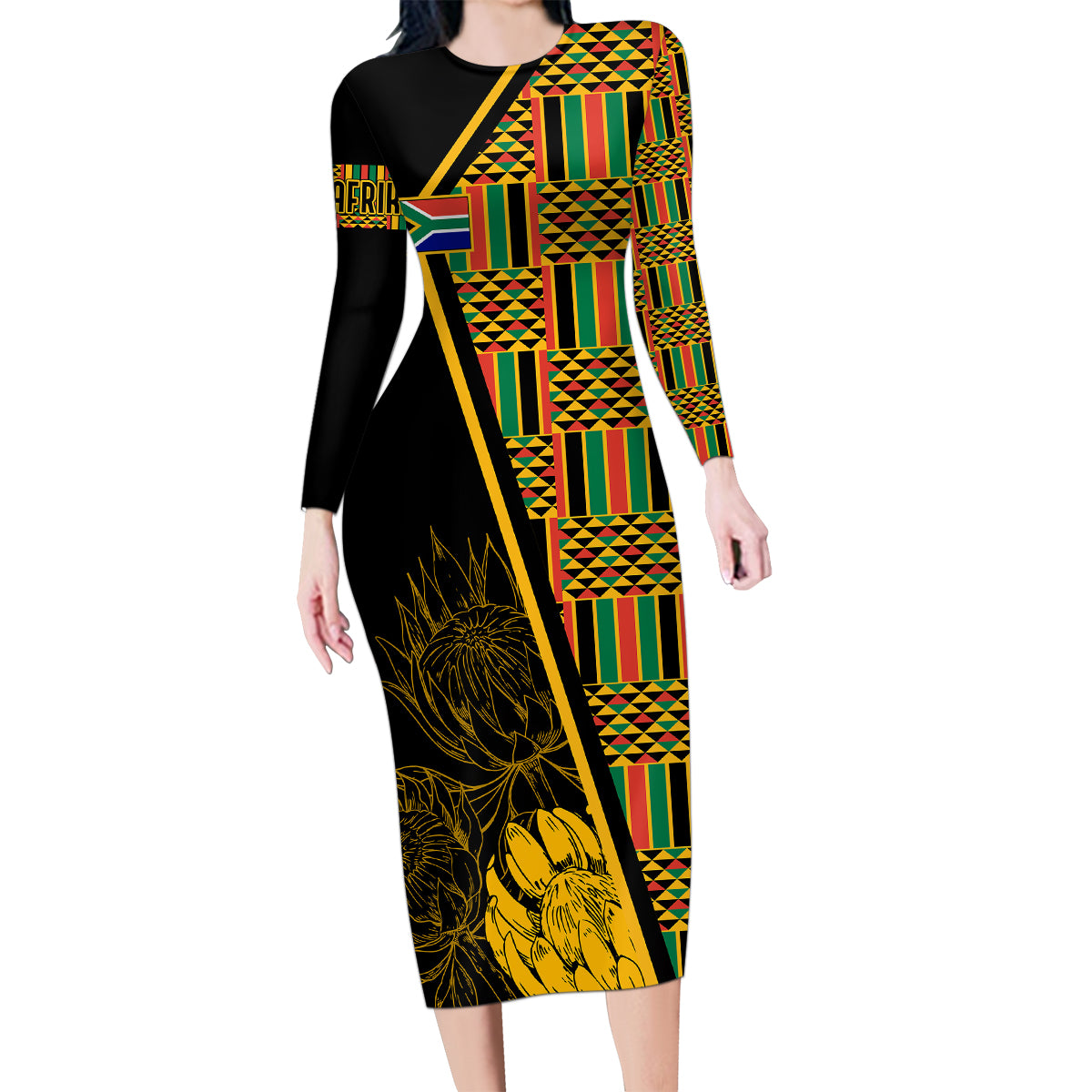 Personalised South African Heritage Day Family Matching Long Sleeve Bodycon Dress and Hawaiian Shirt Kente Ethnic Patterns Mix Protea LT7 - Wonder Print Shop
