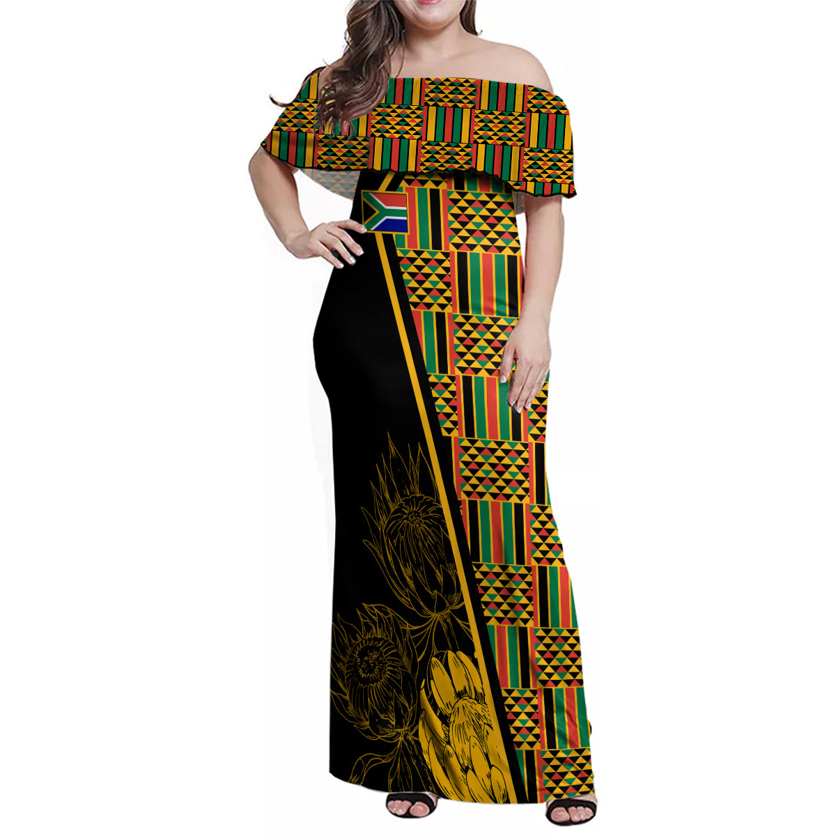 Personalised South African Heritage Day Family Matching Off Shoulder Maxi Dress and Hawaiian Shirt Kente Ethnic Patterns Mix Protea LT7 - Wonder Print Shop