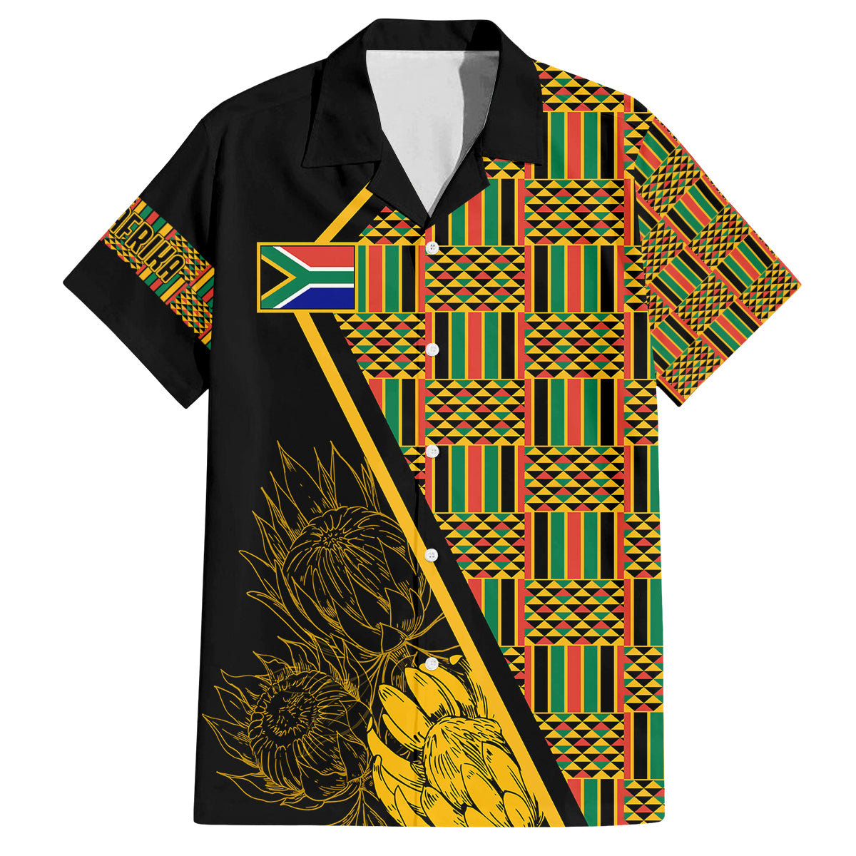 Personalised South African Heritage Day Family Matching Off Shoulder Short Dress and Hawaiian Shirt Kente Ethnic Patterns Mix Protea LT7 - Wonder Print Shop