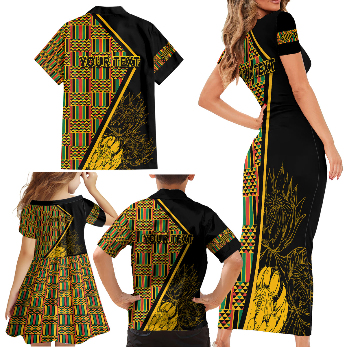 Personalised South African Heritage Day Family Matching Short Sleeve Bodycon Dress and Hawaiian Shirt Kente Ethnic Patterns Mix Protea - Wonder Print Shop