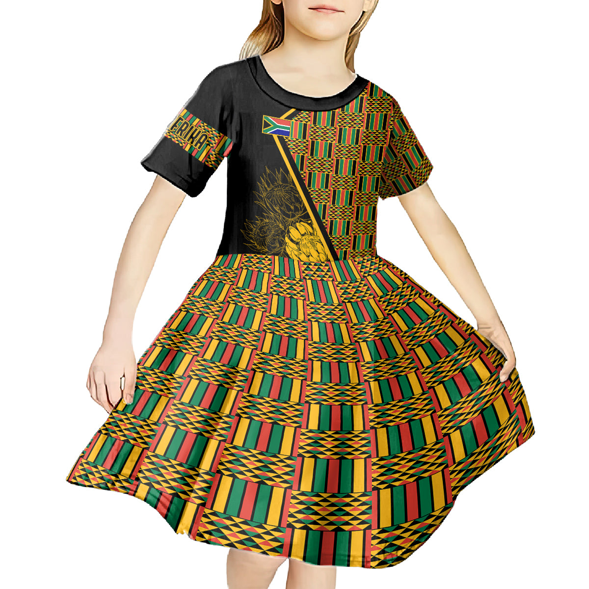 Personalised South African Heritage Day Kid Short Sleeve Dress Kente Ethnic Patterns Mix Protea - Wonder Print Shop