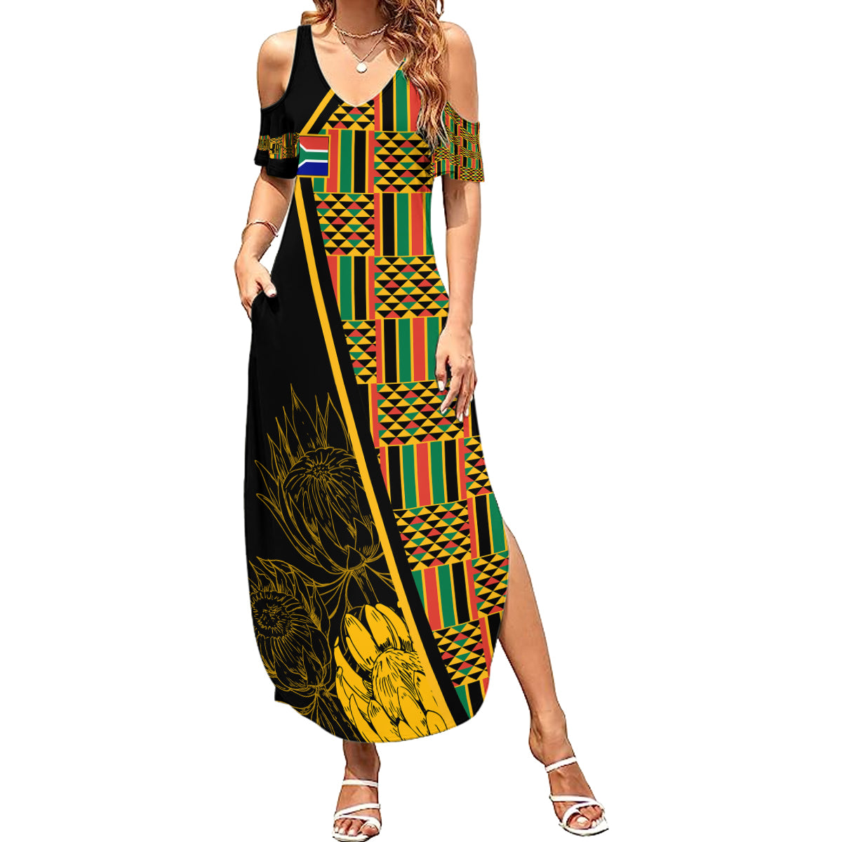 Personalised South African Heritage Day Summer Maxi Dress Kente Ethnic Patterns Mix Protea - Wonder Print Shop