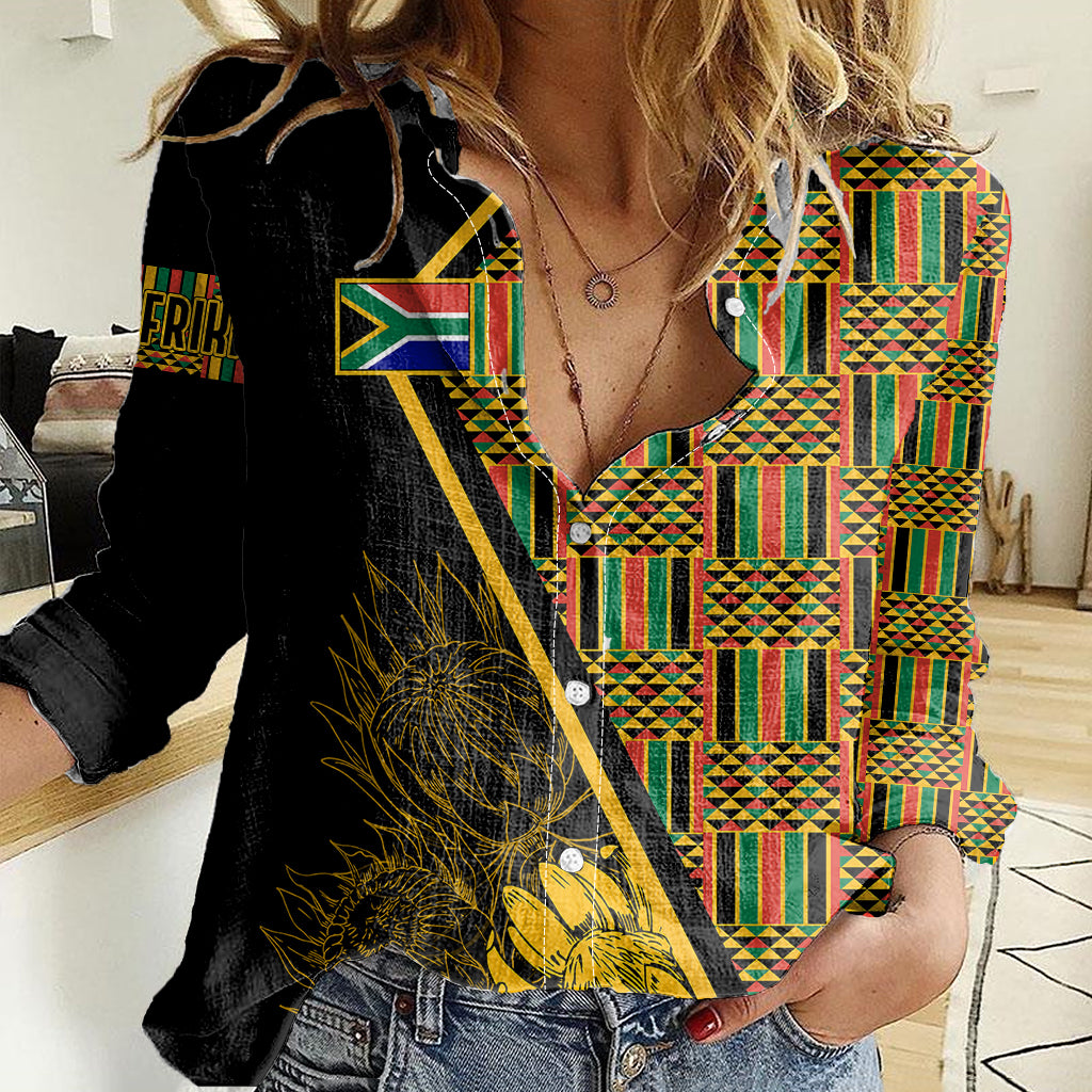 Personalised South African Heritage Day Women Casual Shirt Kente Ethnic Patterns Mix Protea - Wonder Print Shop