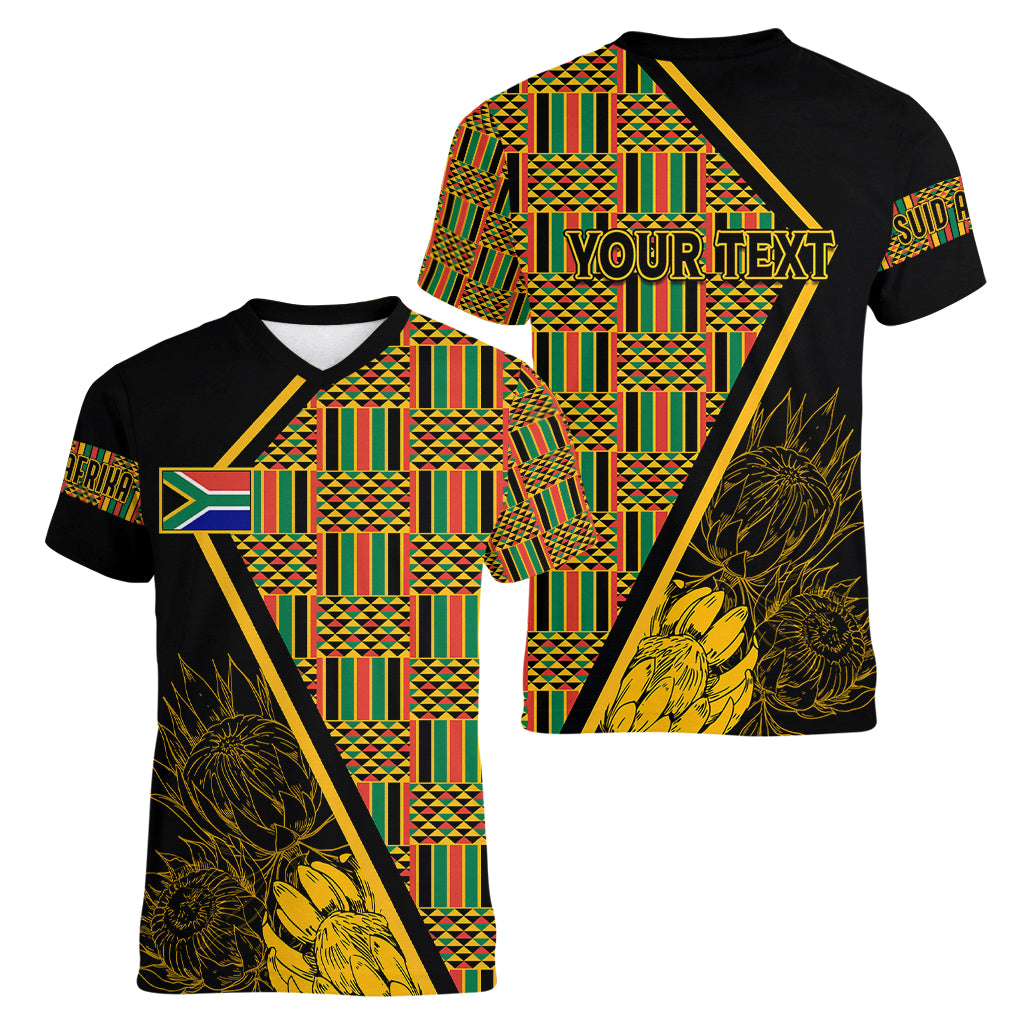 Personalised South African Heritage Day Women V Neck T Shirt Kente Ethnic Patterns Mix Protea - Wonder Print Shop