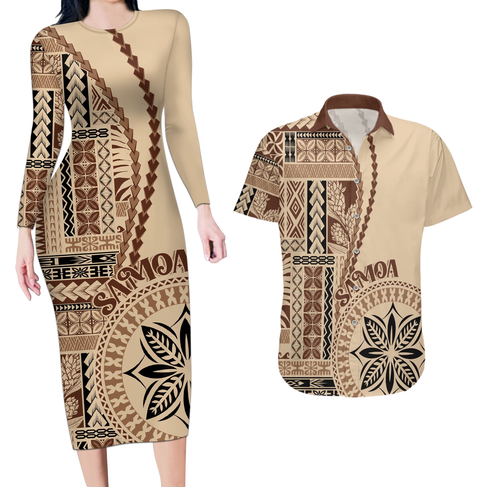Samoa Siapo Motif Couples Matching Long Sleeve Bodycon Dress and Hawaiian Shirt Classic Style LT7 - Wonder Print Shop