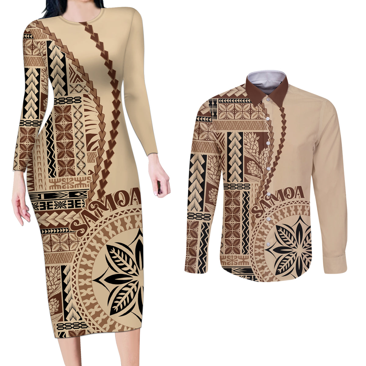 Samoa Siapo Motif Couples Matching Long Sleeve Bodycon Dress and Long Sleeve Button Shirt Classic Style LT7 - Wonder Print Shop
