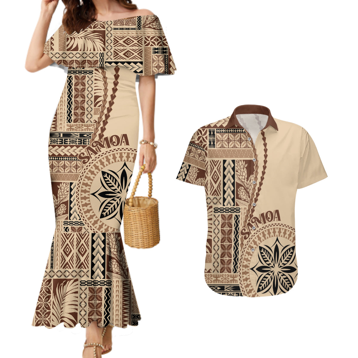 Samoa Siapo Motif Couples Matching Mermaid Dress and Hawaiian Shirt Classic Style LT7 - Wonder Print Shop