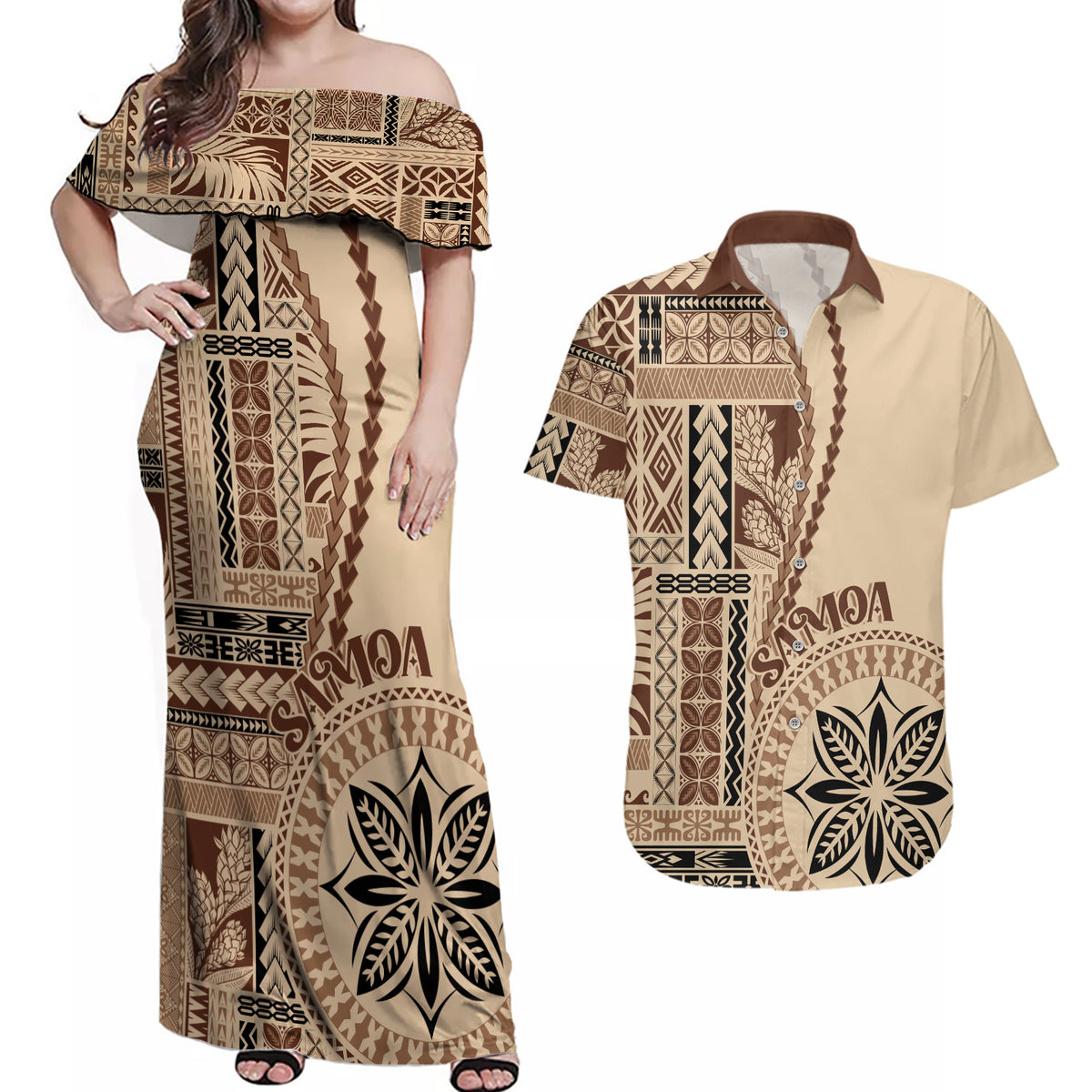 Samoa Siapo Motif Couples Matching Off Shoulder Maxi Dress and Hawaiian Shirt Classic Style LT7 - Wonder Print Shop