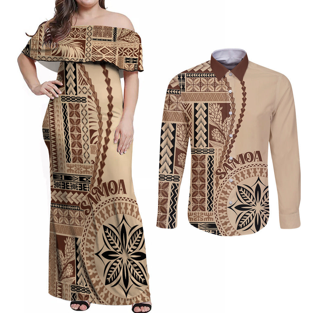 Samoa Siapo Motif Couples Matching Off Shoulder Maxi Dress and Long Sleeve Button Shirt Classic Style LT7 - Wonder Print Shop